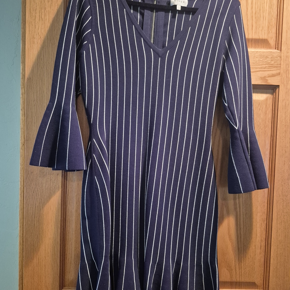 Milly Navy Blue Pinstripe V-Neck Midi Dress with Bell Sleeves